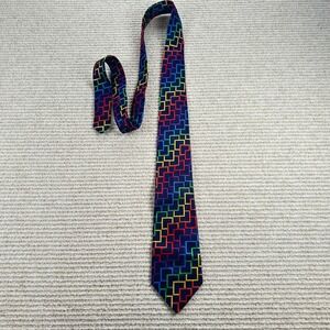 Vintage Bullock & Jones Silk Tie Mens OS Navy Rainbow Geometric Maze Handmade UK
